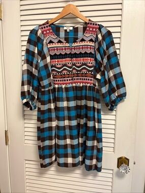 Hayden Blue Brown Plaid Tunic with Embroidered Yoke